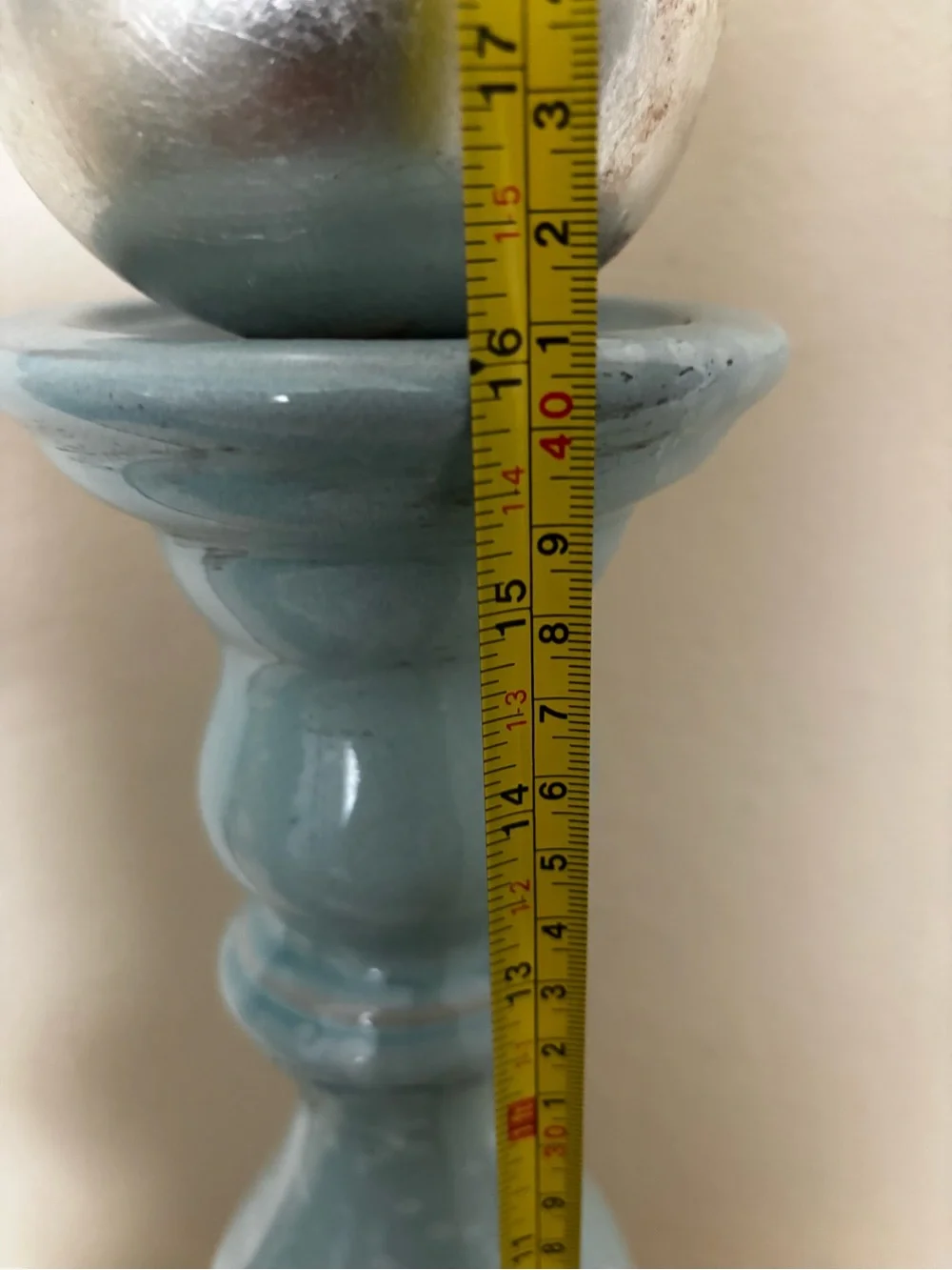 Ceramic Aqua Blue Decorative Column Candlestick 16”